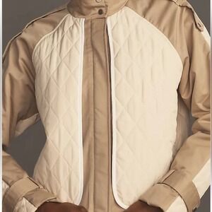 Anthropologie Quilt Mix Cropped Jacket Coat Khaki & Cream Zipper‎ X-Large NWT